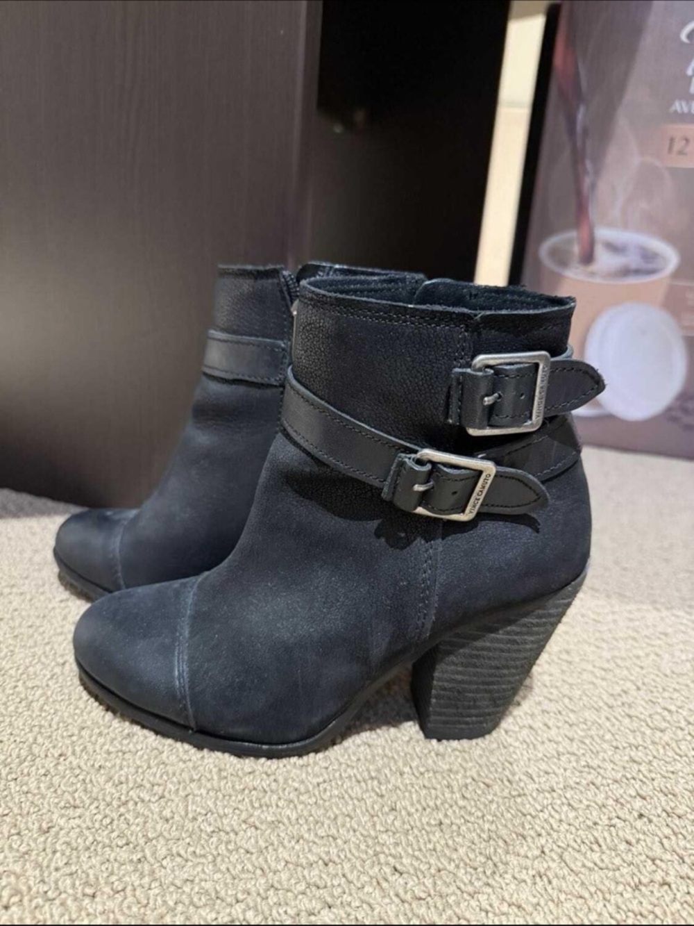 Women's Black Suede Vince Camuto Ankle Boots with Buckle Detail